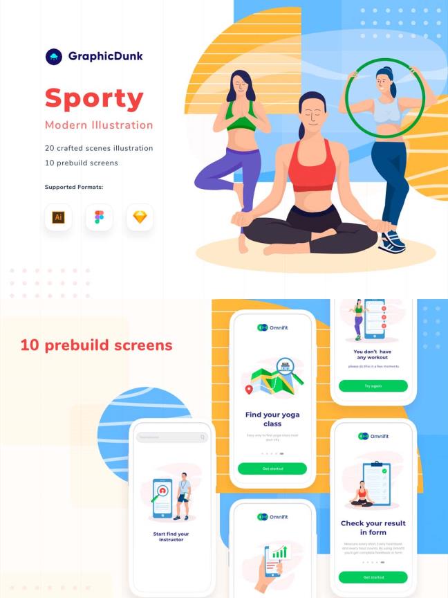 一套运动健身运营插画套装ai、sketch、figma源文件下载，20张现代体育运动矢量插画集下载