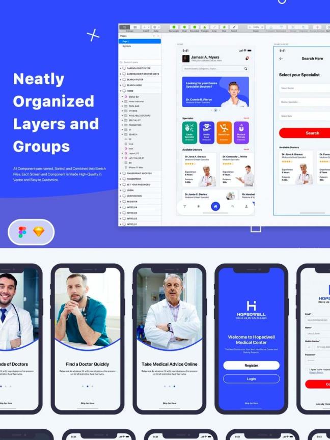 一套健康医疗，在线医疗，医院app UI素材源文件下载sketch源文件