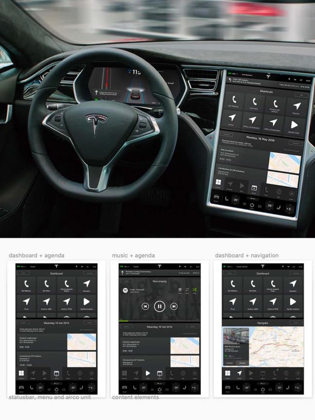 很难找到用于特斯拉汽车用户体验的组件，文件包含 Sketch 文件，包括主计算机单元、组合仪表和app设计