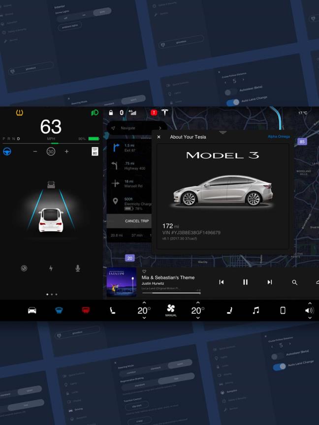 Tesla Model 3 sketch资源，元素包括：主控制栏、音乐播放器、地图、导航小部件、车道辅助、车辆状态