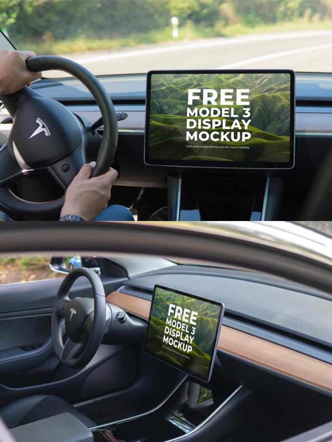 model 3 大屏Tesla 特斯拉 车载中控屏mockup样机模板 .psd素材下载
