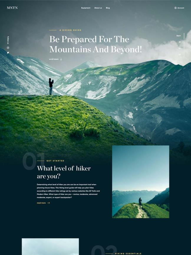 Figma 的着陆页 一个关于远足和旅行的博客的干净的登陆页面设计。