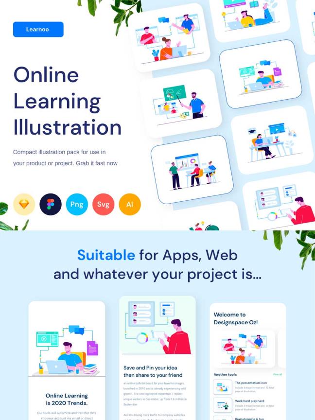 在线学习场景、在线办公场景运营插画资源库一套，含：fig,sketch,ai