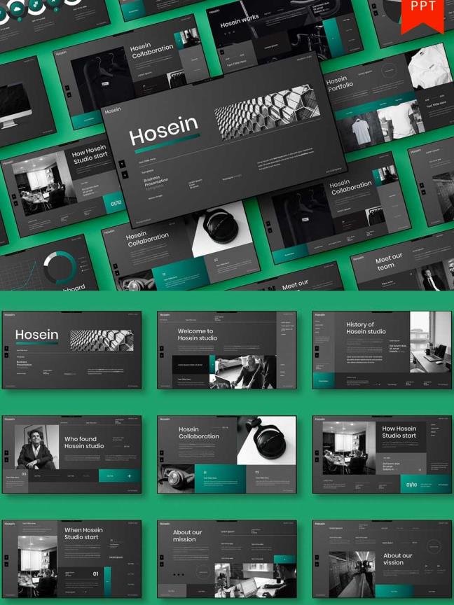 暗色系高端个人作品集包装展示PPT幻灯片模板、黑色高端格调UI作品集ppt模板商业幻灯片模板