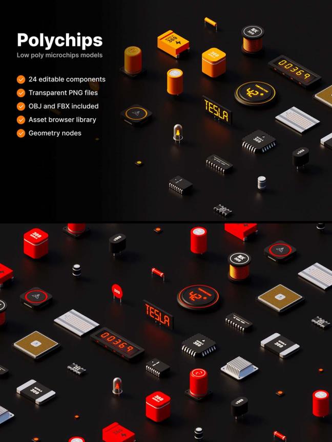电子元器件、微芯片、晶体管、电阻等3D资源库blend,obj,fbx源文件