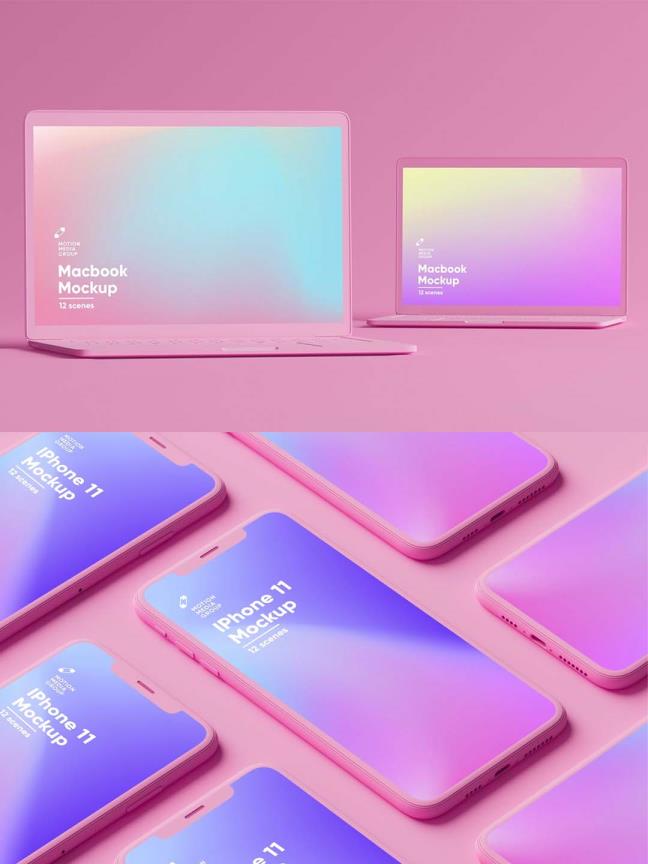 粉色迷幻风多角度iPhone和MacBook苹果设备样机mockup psd源文件下载
