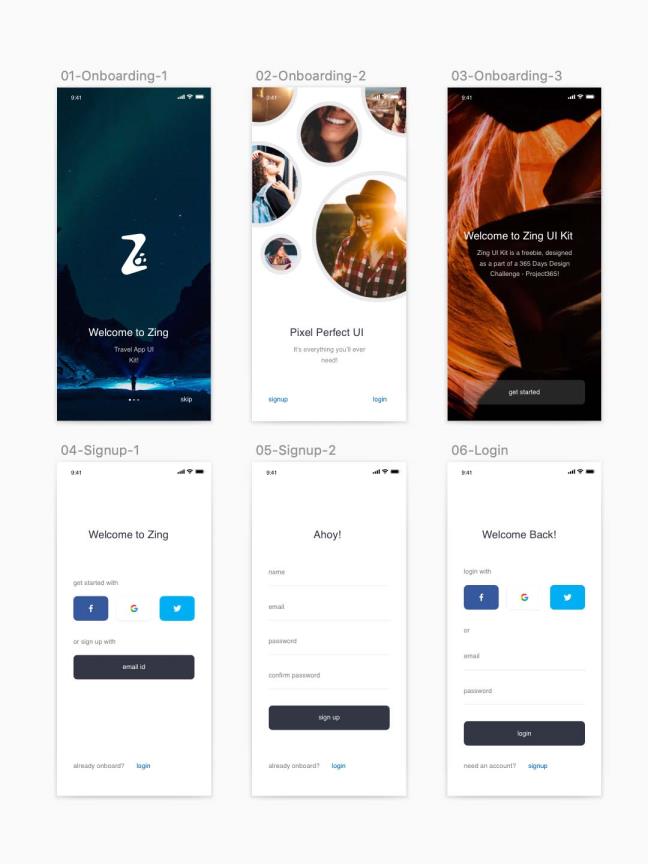 适用于 iOS 的简单移动 UI 套件,一个面向旅行者和探险者的社交网络App sketch源文件