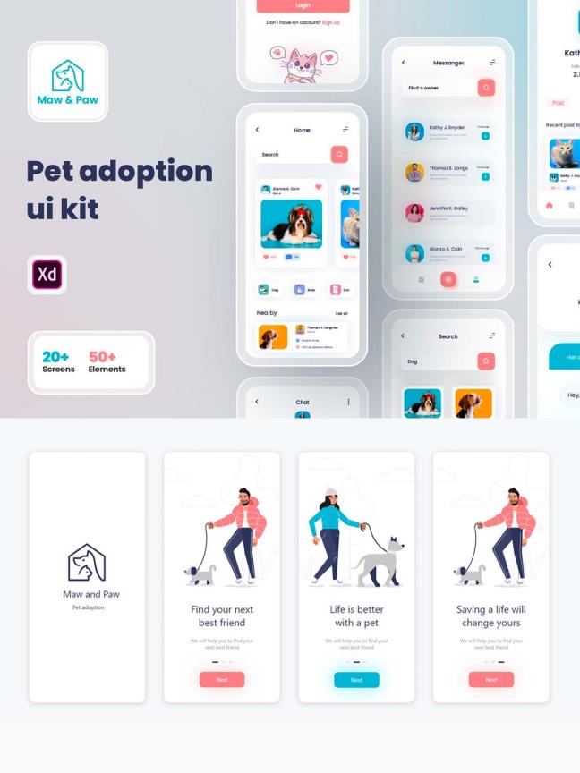 宠物APP UI模板，宠物领养app UI资源下载，宠物app UI源文件，宠物UI素材xd源文件