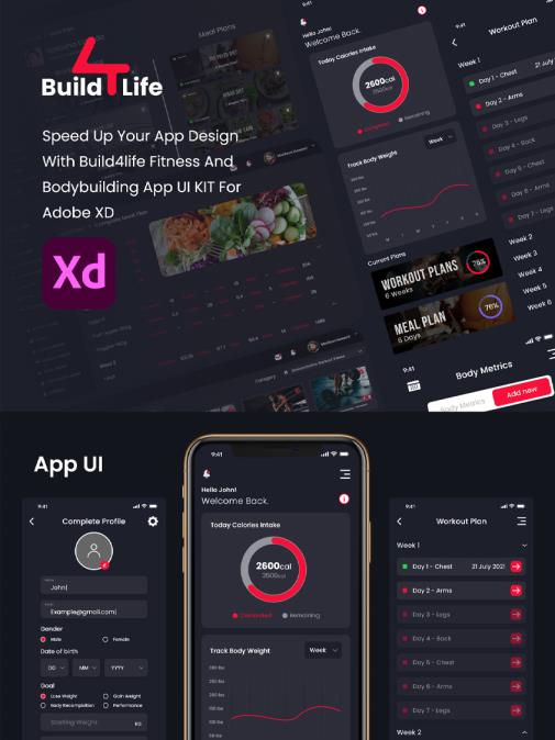 100屏Build4Life是一款健身和健美APP源文件下载XD格式
