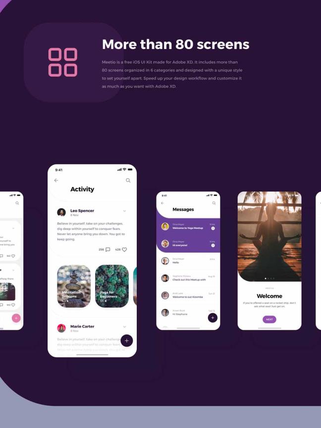 非常独特瑜伽app，适用于 Adob​​e XD 的 Meetio UI 套件,超过 80 屏