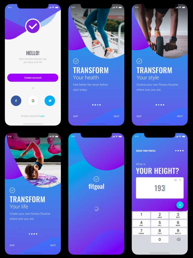fitgoal UI 套件,sketch源文件包括 30 个屏幕、179 个组件和 26 个健身图标