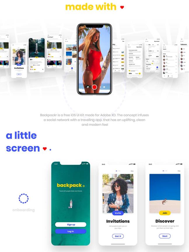 旅行app – Adob​​e XD 免费的 UI 套件 包括 7 个类别的 50 多个可自定义屏幕