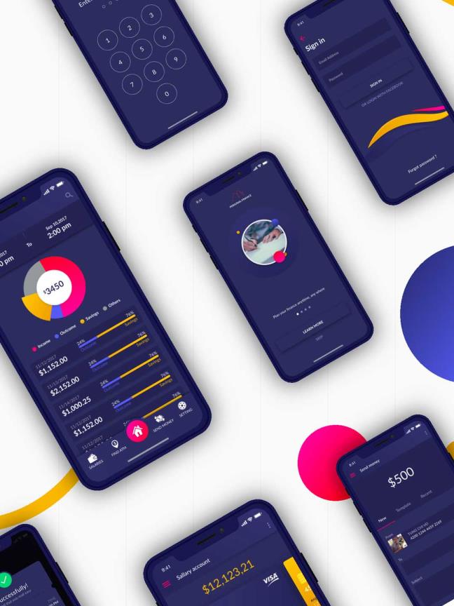 适用于 Adob​​e XD 的个人理财应用程序App,干净的应用程序设计，60+ 屏幕，