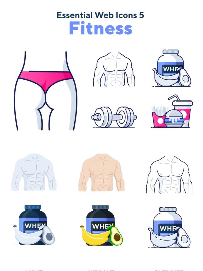 一套健身主题+健身器材相关的矢量插画、健身房矢量图标icon素材 sketch,fig,svg