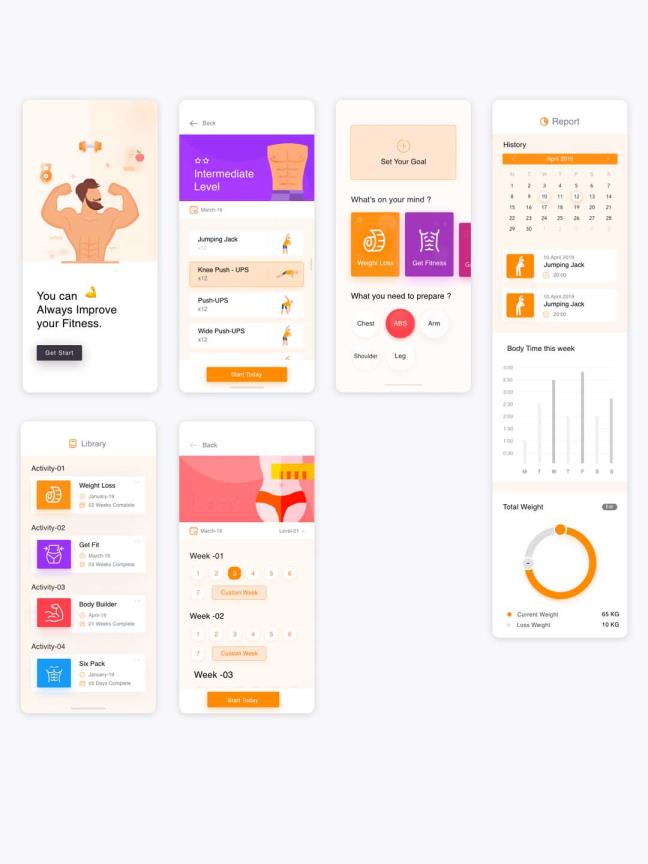 精美插画风健身APP UI源文件下载，健身APP xd源文件下载