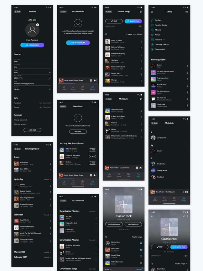 超酷完整成套音乐APP Dark Mode 暗色模式UI源文件，音乐app UI xd源文件