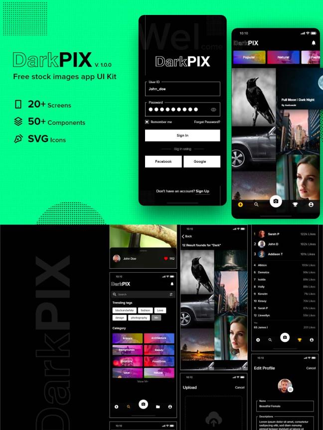 高端暗色模式图片类APP UI源文件下载，dark mode 作品分享类APP Ui XD源文件