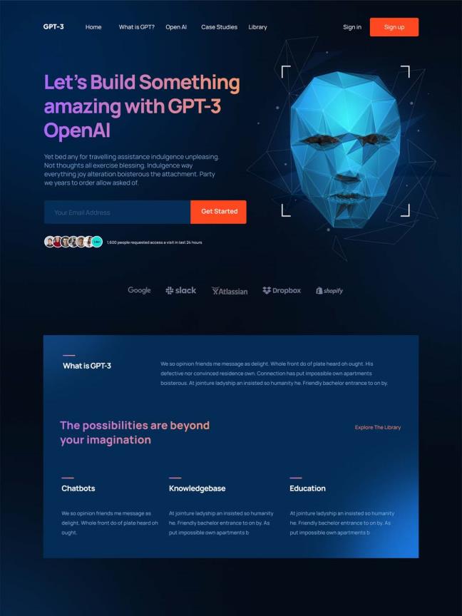 人工智能GPT-3 OpenAI网站登陆页设计分享sketch,xd,figma格式