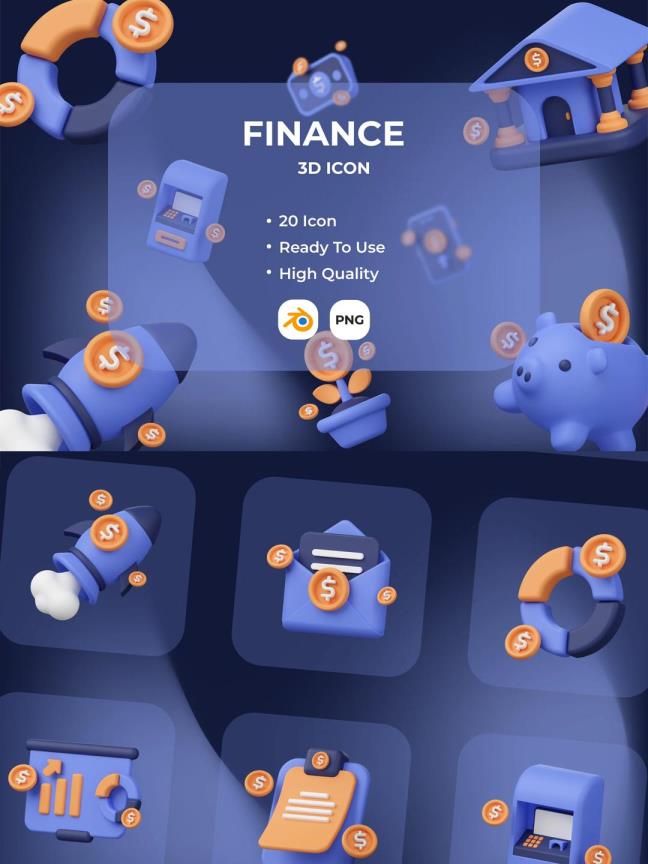 20个钱包理财图标设计 | 3D金融类ICON设计 | blender png