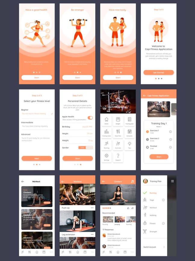 成套健身app ui模板 cafit workout uikit .psd .sketch .xd素材下载