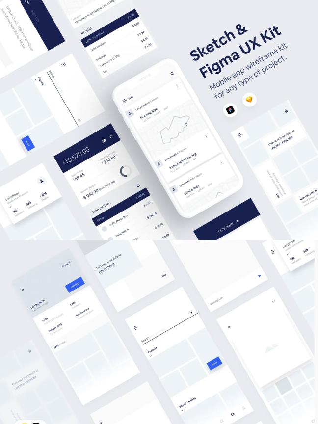 7类迷你App线框，原型图套件模板sketch,xd,figma源文件