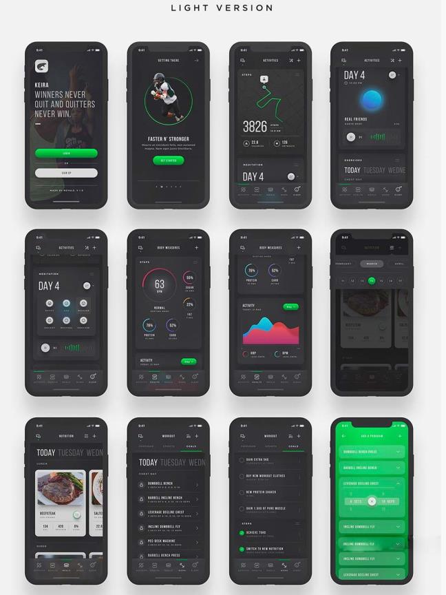 款运动健身类app UI KIT源文件下载，包含超过20个页面，黑白两种风格，ps、sketch、xd三种格式源文件