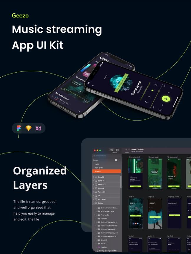 50页音乐APP设计 | 音乐类UI设计sketch，xd，figma源文件