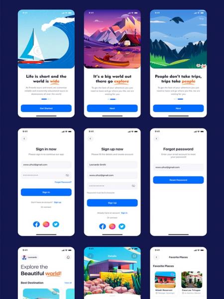 旅游探险插画风App设计figma,xd源文件