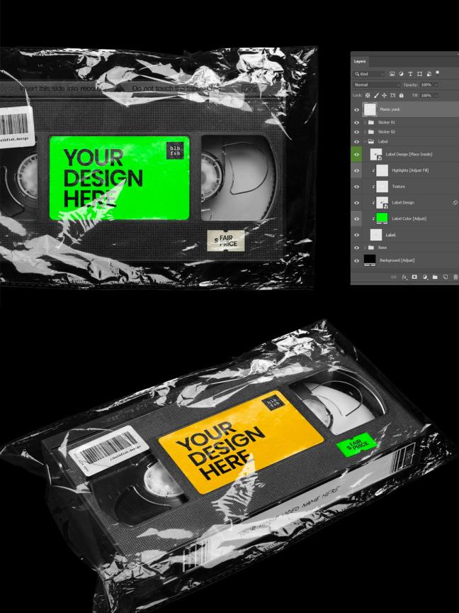 高级感塑料褶皱样机，复古风塑料褶皱视觉包装样机psd模板