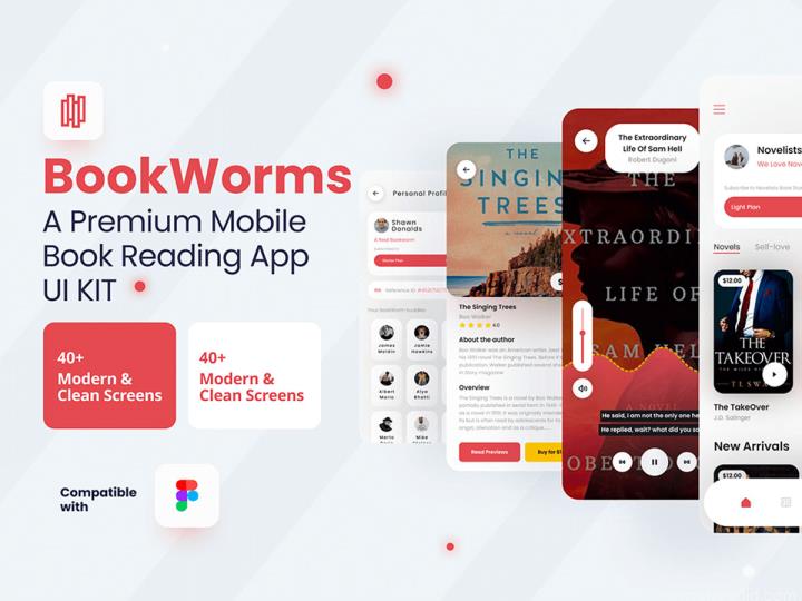 40页电子书阅读，音频书籍app UI 套件figma源文件