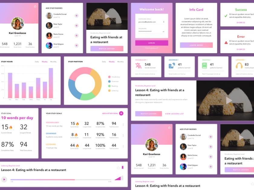 带有语言学习主题卡片的 UI 套件sketch源文件