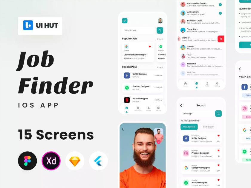 15页干净、简洁的设计的求职找工作app设计源文件sketch，xd，figma格式
