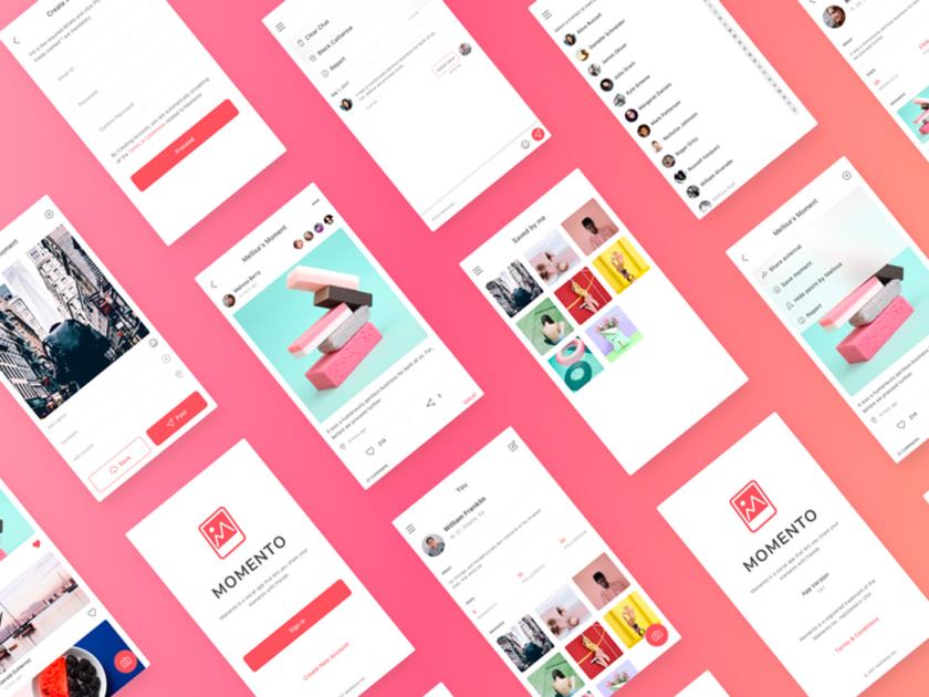 Momento社交媒体应用程序UI工具包 UI Kit Sketch高保真原型资源