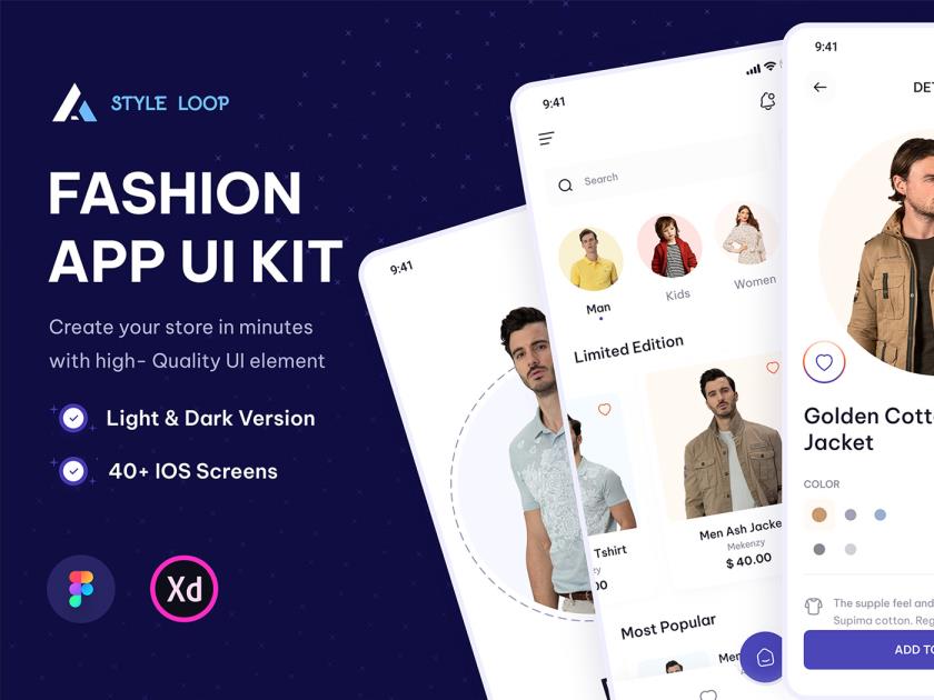 一款服装设计APP,包含40多个很棒的屏幕,兼容Figma和XD,sketch。