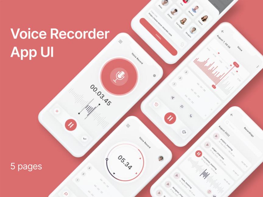 5页录音音频编辑APP设计 | UI界面设计Figma、Sketch、XD、PSD源文件