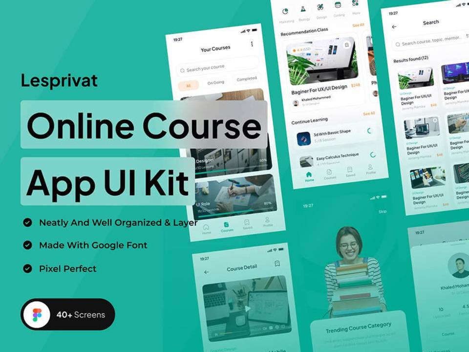 40页在线学习课程App应用程序UI套件figma素材