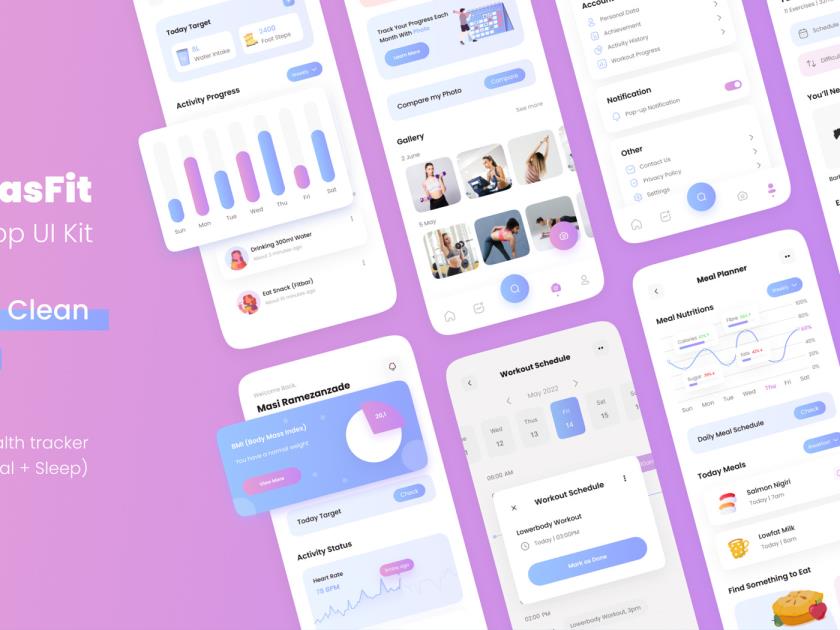 35页跟踪饮食、睡眠/健身App UI 设计xd,figma,sketch源文件