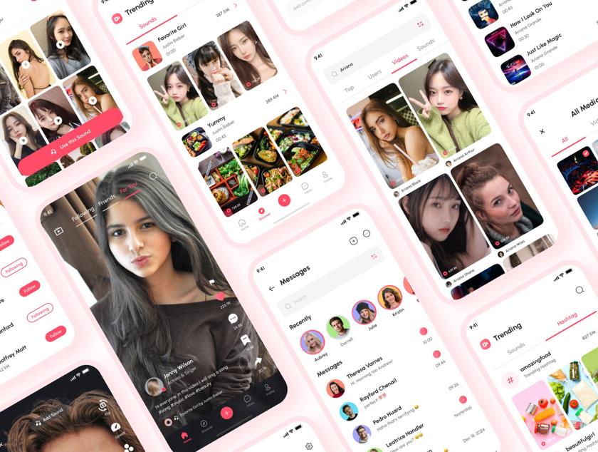 170屏明暗双模式，抖音，快手短视频类app设计sketch，xd，figma源文件