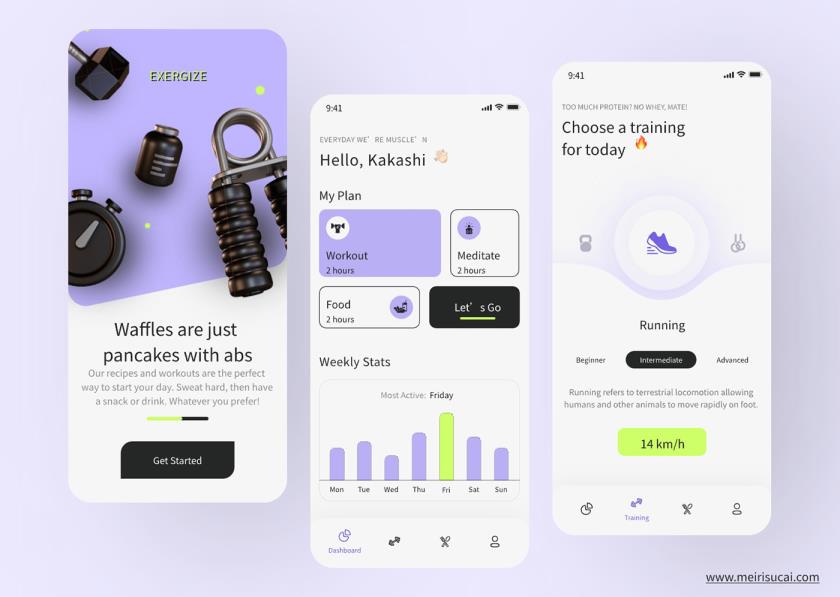 3页运动-健身应用程序app素材sketch，xd，figma源文件