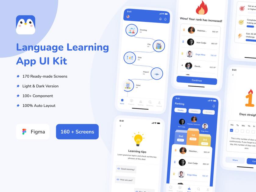 170屏明暗双模式，外语学习类app设计figma源文件