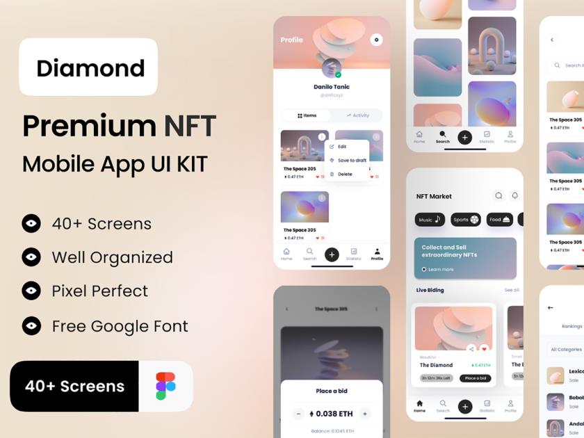 优质的 NFT 市场应用程序 UI 套件，具有40多个高质量屏幕，Figma格式