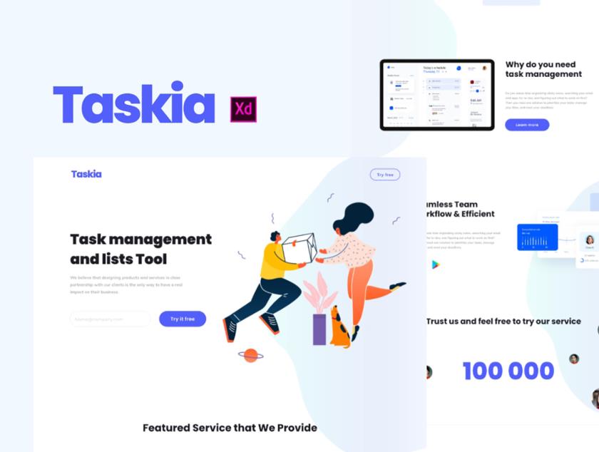 插画风Taskia -创意登陆页网站设计xd,sketch格式