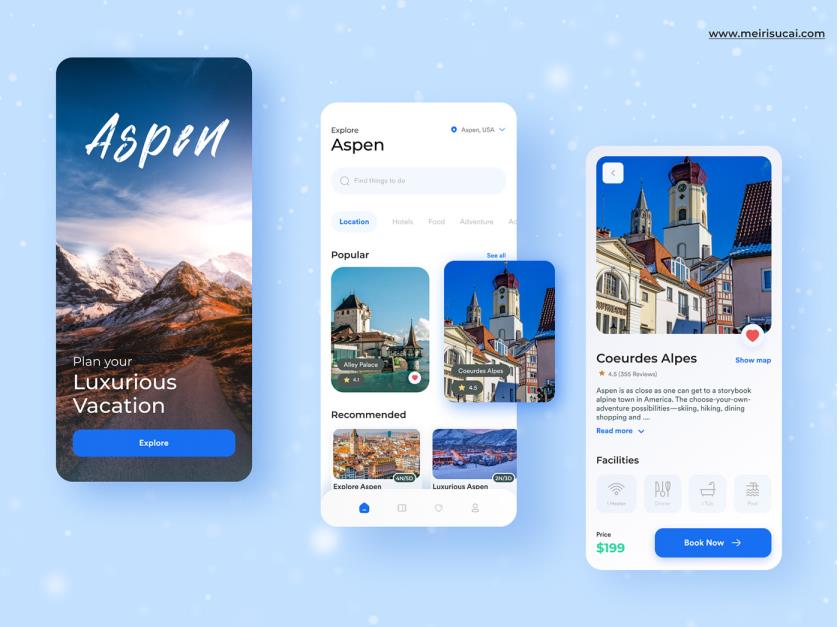 3页Aspen旅游，旅行app素材sketch，xd，figma免费分享