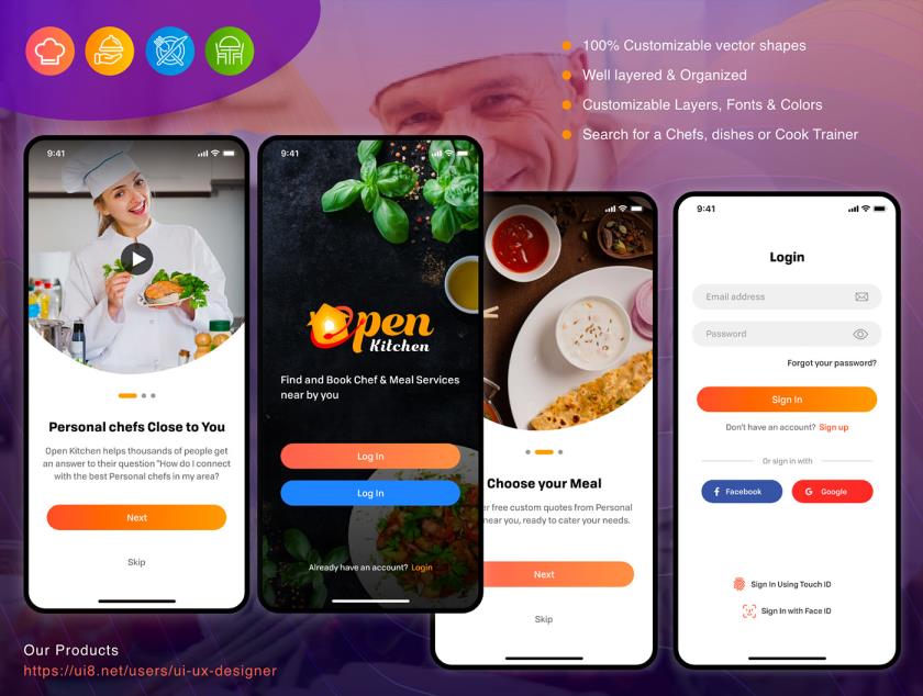 包括56+屏开放式厨房，定制餐饮，高品质的模板设计在Adobe XD格式