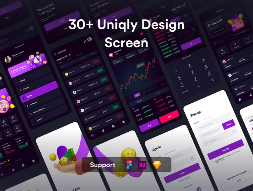 30屏加密货币的高级设计 UI 套件sketch，xd，figma格式