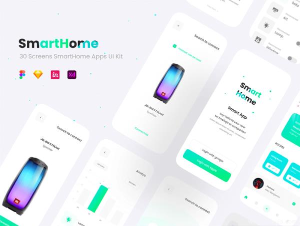 小清新简约现代科技感的智能家居APP UI设计套件，xd,sketch,fig,studio格式