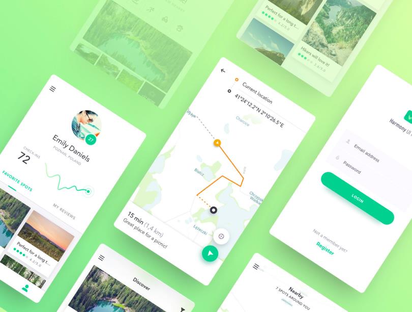 旅游探险，网红打卡分享位置坐标UI设计sketch素材