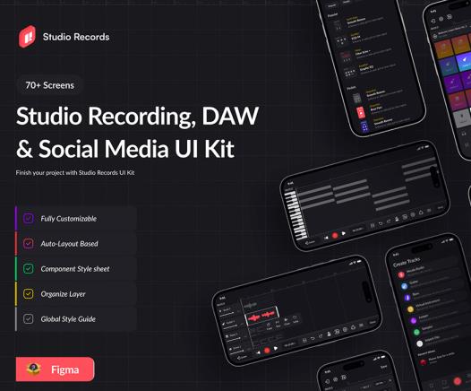 70页暗色专业音乐编辑器APP UI资源素材figma源文件下载
