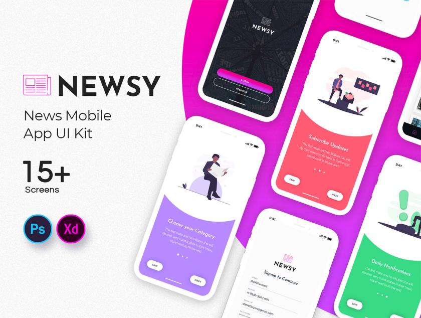 15页新闻app移动应用程序 UI 套件xd,psd格式