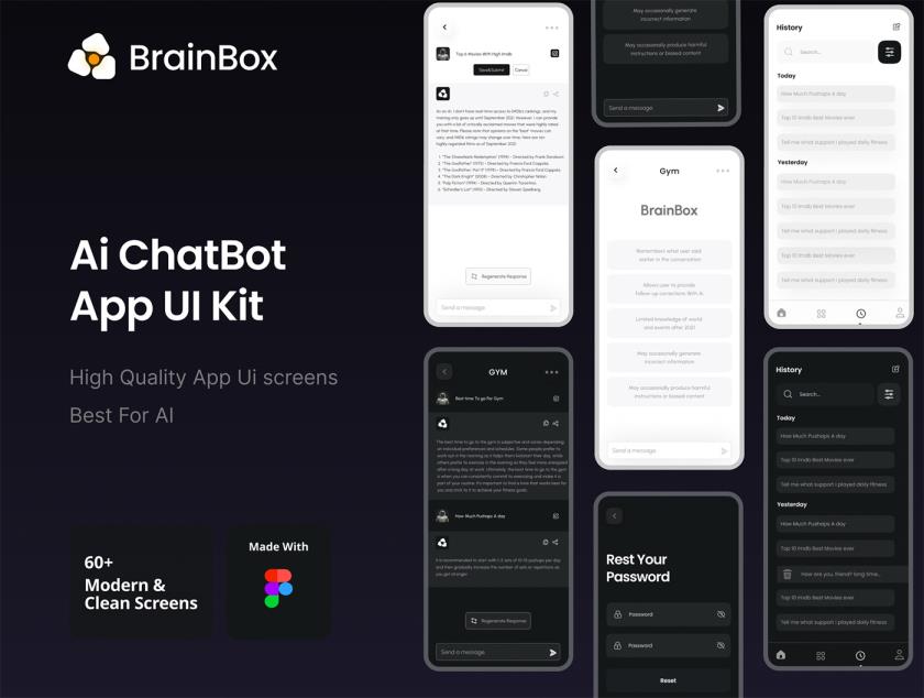 60多页，明暗设计人工智能聊天机器人app，小程序 UI 套件